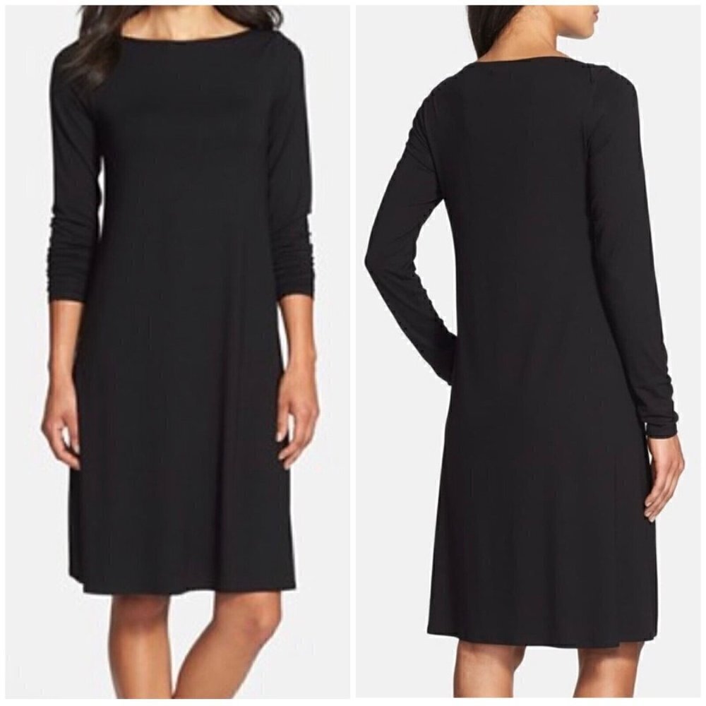 Eileen Fisher Sz PS Black Jersey Knit Bateau Neck Shift Dress Long Sleeve P S